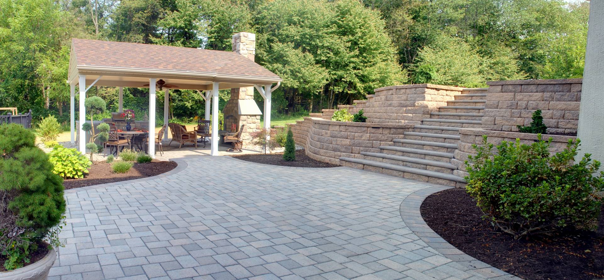 hardscape patio with pergola and fireplace lancaster pa